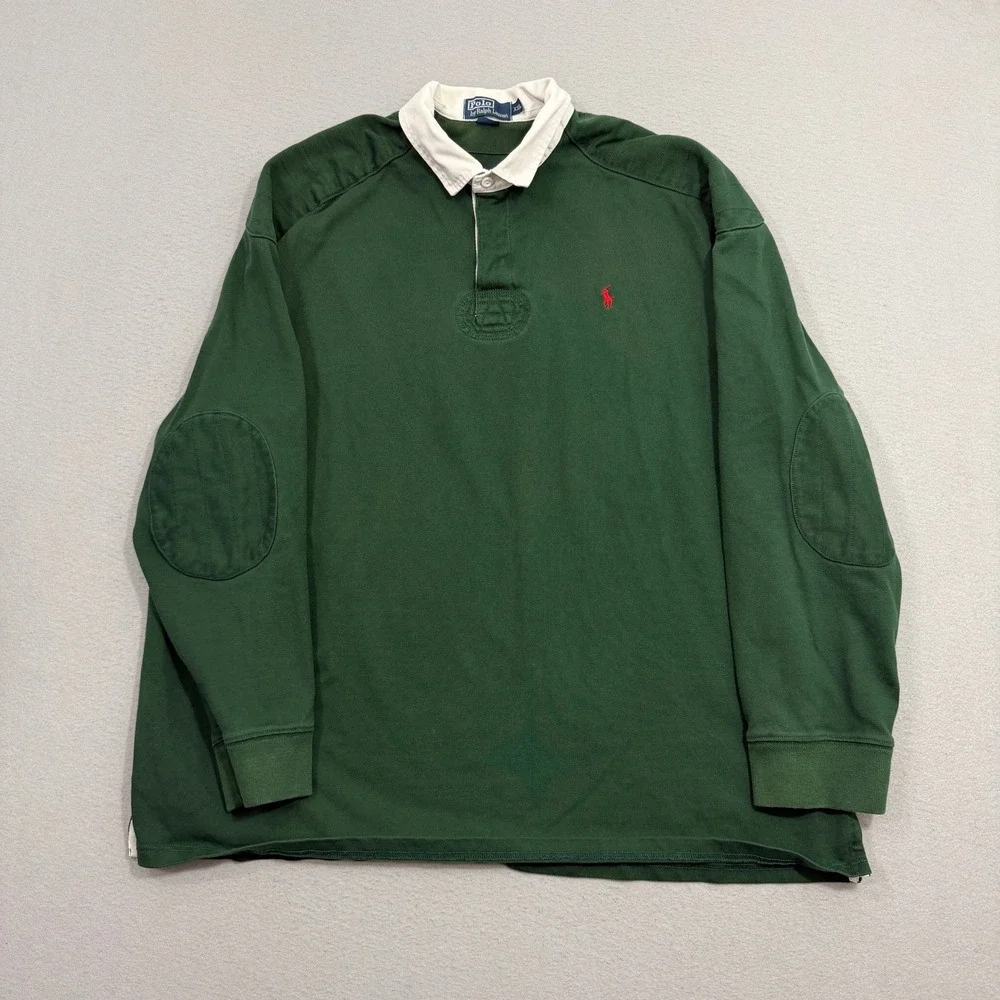 Vintage Polo Ralph Lauren Rugby Shirt Mens XXL Green Long Sleeve Elbow Patch